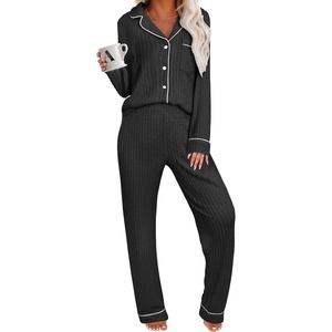 image:imageANRABESS Women Pajama Lounge Sets 2026 Fall 2 Piece Outfits Ribbed Long Sleeve Matching PJ Set Sleepwear LoungewearBlack