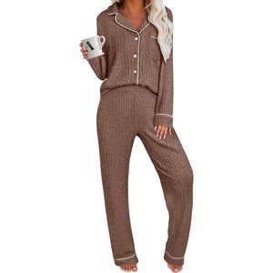image:imageANRABESS Women Pajama Lounge Sets 2026 Fall 2 Piece Outfits Ribbed Long Sleeve Matching PJ Set Sleepwear LoungewearBrown