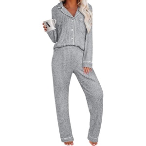 image:imageANRABESS Women Pajama Lounge Sets 2026 Fall 2 Piece Outfits Ribbed Long Sleeve Matching PJ Set Sleepwear LoungewearGrey