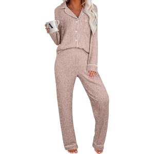 image:imageANRABESS Women Pajama Lounge Sets 2026 Fall 2 Piece Outfits Ribbed Long Sleeve Matching PJ Set Sleepwear LoungewearLight Brown