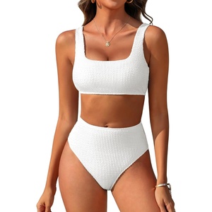 image:imageANRABESS Women Two Piece Bikini Sets High Waist Square Neck Swimsuits Ribbed Textured Comfy Bathing SuitsBeach Swim WearWhite
