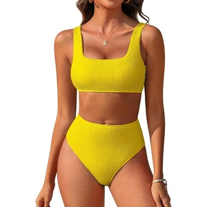 image:imageANRABESS Women Two Piece Bikini Sets High Waist Square Neck Swimsuits Ribbed Textured Comfy Bathing SuitsBeach Swim WearYellow