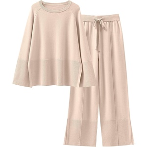 image:imageANRABESS Womens 2 Piece Outfits Oversized Knit Sweater Set Wide Leg Pant Cozy Lounge Matching Pajama Sets 2026 Trendy ClothesApricot