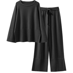 image:imageANRABESS Womens 2 Piece Outfits Oversized Knit Sweater Set Wide Leg Pant Cozy Lounge Matching Pajama Sets 2026 Trendy ClothesBlack