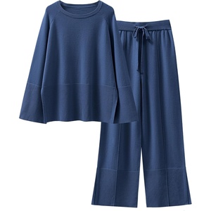 image:imageANRABESS Womens 2 Piece Outfits Oversized Knit Sweater Set Wide Leg Pant Cozy Lounge Matching Pajama Sets 2026 Trendy ClothesBlue