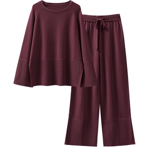image:imageANRABESS Womens 2 Piece Outfits Oversized Knit Sweater Set Wide Leg Pant Cozy Lounge Matching Pajama Sets 2026 Trendy ClothesBurgundy