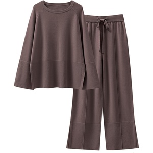 image:imageANRABESS Womens 2 Piece Outfits Oversized Knit Sweater Set Wide Leg Pant Cozy Lounge Matching Pajama Sets 2026 Trendy ClothesCoffee