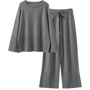 image:imageANRABESS Womens 2 Piece Outfits Oversized Knit Sweater Set Wide Leg Pant Cozy Lounge Matching Pajama Sets 2026 Trendy ClothesGray