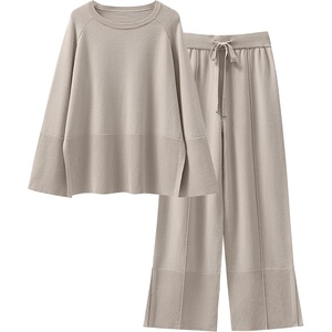 image:imageANRABESS Womens 2 Piece Outfits Oversized Knit Sweater Set Wide Leg Pant Cozy Lounge Matching Pajama Sets 2026 Trendy ClothesGrey Apricot