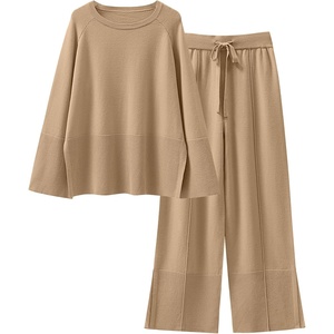 image:imageANRABESS Womens 2 Piece Outfits Oversized Knit Sweater Set Wide Leg Pant Cozy Lounge Matching Pajama Sets 2026 Trendy ClothesKhaki