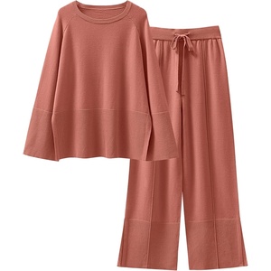 image:imageANRABESS Womens 2 Piece Outfits Oversized Knit Sweater Set Wide Leg Pant Cozy Lounge Matching Pajama Sets 2026 Trendy ClothesRust