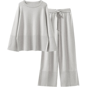 image:imageANRABESS Womens 2 Piece Outfits Oversized Knit Sweater Set Wide Leg Pant Cozy Lounge Matching Pajama Sets 2026 Trendy ClothesSmoky Gray