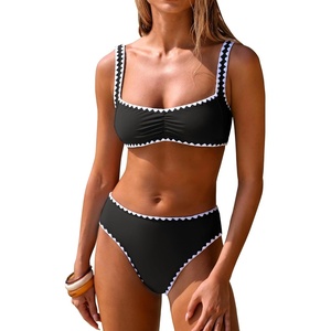 image:imageANRABESS Womens Bikini Sets Two Piece Swimsuit Ribbed Front Ruched Mid Waisted Bathing Suit Color Block 2026 Beach Swimwear Black White XL