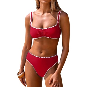 image:imageANRABESS Womens Bikini Sets Two Piece Swimsuit Ribbed Front Ruched Mid Waisted Bathing Suit Color Block 2026 Beach SwimwearRed
