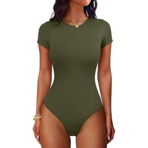 image:imageANRABESS Womens Double Lined Bodysuits Short Sleeve Summer Going Out Fitted Basic Tee Shirts Body Suits TopArmy Green