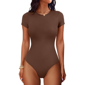 image:imageANRABESS Womens Double Lined Bodysuits Short Sleeve Summer Going Out Fitted Basic Tee Shirts Body Suits TopBrown