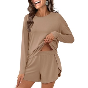image:imageANRABESS Womens Long Sleeve Pajama Sets 2026 Fall 2 Piece Outfits Lounge Matching Short Set Striped Pjs Loungewear SleepwearLight Brown
