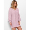 image:imageANRABESS Womens Long Sleeve V Neck Oversized Cable Knit Mini Sweater Dresses 2026 Winter Fall Trendy Pullover Tunic OutfitsPink