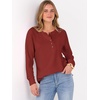 image:imageANRABESS Womens Long Sleeve Waffle Knit Shirts Dressy Casual Loose Button Up V Neck Henley Tops 2026 Fall Basic Tee BlouseBirck Red