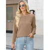 image:imageANRABESS Womens Long Sleeve Waffle Knit Shirts Dressy Casual Loose Button Up V Neck Henley Tops 2026 Fall Basic Tee BlouseTan