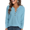image:imageANRABESS Womens Long Sleeve Waffle Knit Shirts Dressy Casual Loose Button Up V Neck Henley Tops 2026 Fall Basic Tee BlouseSky Blue