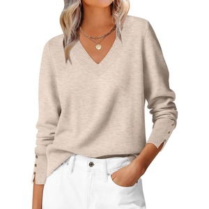 image:imageANRABESS Lightweight Sweaters for Women Long Sleeve V Neck Shirts Business Casual Work Blouses 2026 Fall Knit Pullover TopsAlmond
