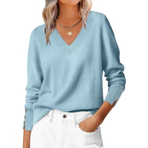 image:imageANRABESS Lightweight Sweaters for Women Long Sleeve V Neck Shirts Business Casual Work Blouses 2026 Fall Knit Pullover TopsLight Blue