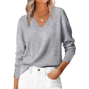 image:imageANRABESS Lightweight Sweaters for Women Long Sleeve V Neck Shirts Business Casual Work Blouses 2026 Fall Knit Pullover TopsLight Gray