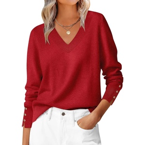 image:imageANRABESS Lightweight Sweaters for Women Long Sleeve V Neck Shirts Business Casual Work Blouses 2026 Fall Knit Pullover TopsRed