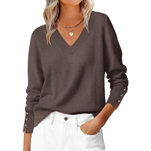 image:imageANRABESS Lightweight Sweaters for Women Long Sleeve V Neck Shirts Business Casual Work Blouses 2026 Fall Knit Pullover TopsTaupe