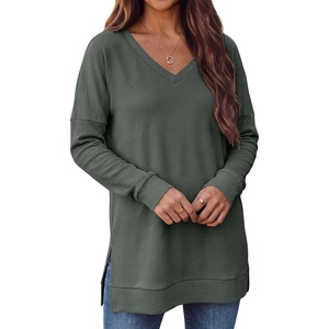 image:imageANRABESS Long Sleeve Shirts for Women Waffle Knit V Neck Loose Fit Side Slit 2026 Fall Sweater Tops for Daily Casual WearArmy Green