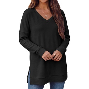 image:imageANRABESS Long Sleeve Shirts for Women Waffle Knit V Neck Loose Fit Side Slit 2026 Fall Sweater Tops for Daily Casual WearBlack
