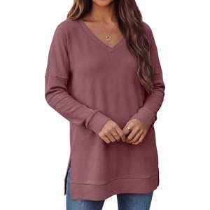 image:imageANRABESS Long Sleeve Shirts for Women Waffle Knit V Neck Loose Fit Side Slit 2026 Fall Sweater Tops for Daily Casual WearMauve