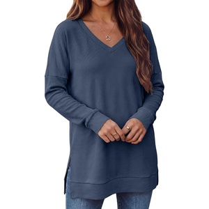 image:imageANRABESS Long Sleeve Shirts for Women Waffle Knit V Neck Loose Fit Side Slit 2026 Fall Sweater Tops for Daily Casual WearNavy Blue