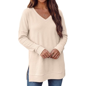 image:imageANRABESS Long Sleeve Shirts for Women Waffle Knit V Neck Loose Fit Side Slit 2026 Fall Sweater Tops for Daily Casual WearParchment