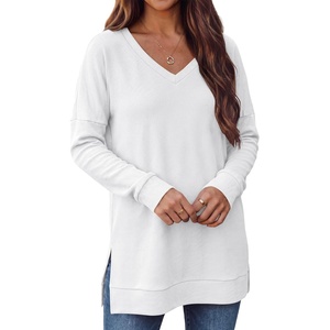image:imageANRABESS Long Sleeve Shirts for Women Waffle Knit V Neck Loose Fit Side Slit 2026 Fall Sweater Tops for Daily Casual WearWhite
