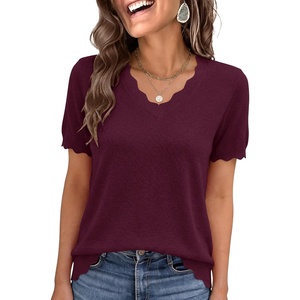 image:imageANRABESS Short Sleeve Sweater for Women V Neck Ribbed Knit Lightweight Sweaters Top 2026 Summer Business Casual OutfitsDark Red