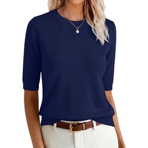 image:imageANRABESS Short Sleeve Sweaters for Women Summer Wool Blend Crew Neck Shirts Lightweight Work Top 2026 Business Casual OutfitsNavy Blue