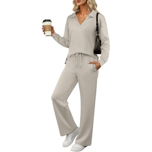 image:imageANRABESS Womens 2 Piece Outfits Lounge Sets Casual Long Sleeve Sweatshirts Polo Top Wide Leg Pants Fall Sweat Matching SetsPeytoe
