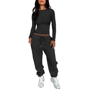 image:imageANRABESS Womens 2 Piece Sweatsuits Long Sleeve Tight Shirt Tops Joggers Fleece Sweatpants Sets 2026 Fall Sweat Lounge OutfitsBlack