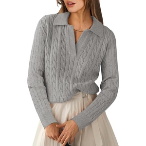 image:imageANRABESS Womens Cable Knit Sweaters Long Sleeve V Neck Sweater Tops Casual Pullover Polo Shirts Fall Fashion OutfitsGrey
