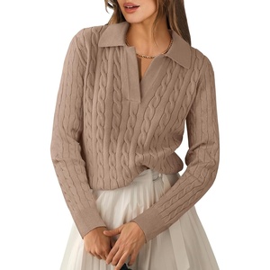 image:imageANRABESS Womens Cable Knit Sweaters Long Sleeve V Neck Sweater Tops Casual Pullover Polo Shirts Fall Fashion OutfitsKhaki