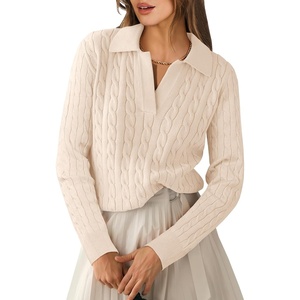 image:imageANRABESS Womens Cable Knit Sweaters Long Sleeve V Neck Sweater Tops Casual Pullover Polo Shirts Fall Fashion OutfitsParchment Beige