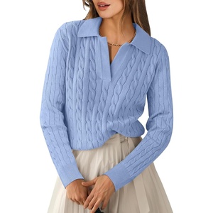image:imageANRABESS Womens Cable Knit Sweaters Long Sleeve V Neck Sweater Tops Casual Pullover Polo Shirts Fall Fashion OutfitsSky