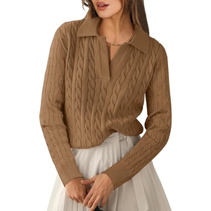 image:imageANRABESS Womens Cable Knit Sweaters Long Sleeve V Neck Sweater Tops Casual Pullover Polo Shirts Fall Fashion OutfitsTan