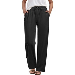 image:imageANRABESS Womens Casual Pants Summer High Waist Drawstring Loose Fit 2026 Beach Lightweight Comfy Lounge Trousers with PocketsBlack