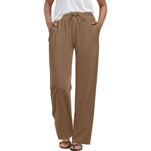 image:imageANRABESS Womens Casual Pants Summer High Waist Drawstring Loose Fit 2026 Beach Lightweight Comfy Lounge Trousers with PocketsKhaki