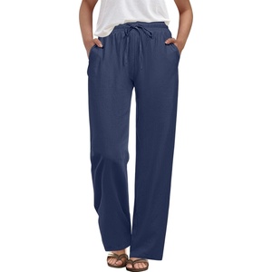 image:imageANRABESS Womens Casual Pants Summer High Waist Drawstring Loose Fit 2026 Beach Lightweight Comfy Lounge Trousers with PocketsNavy Blue