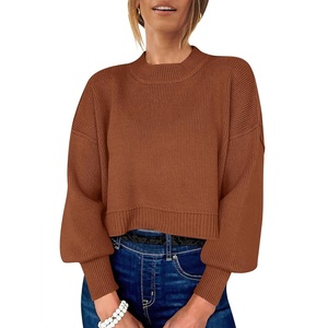 image:imageANRABESS Womens Cropped Sweaters Oversized Crewneck Long Batwing Sleeve Side Slit Ribbed Knit Pullover Tops 2026 Fall ClothesCaramel