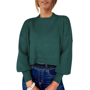 image:imageANRABESS Womens Cropped Sweaters Oversized Crewneck Long Batwing Sleeve Side Slit Ribbed Knit Pullover Tops 2026 Fall ClothesDark Green